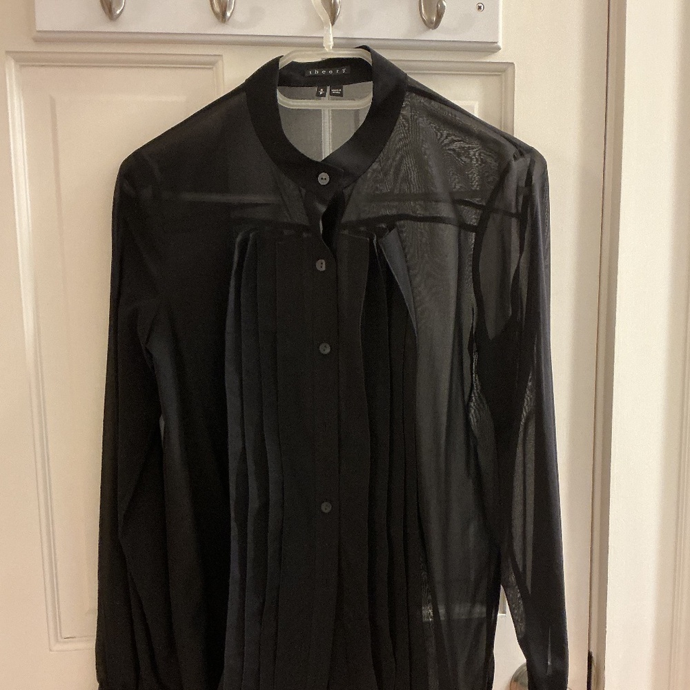 Theory Black Silk Tuxedo Blouse